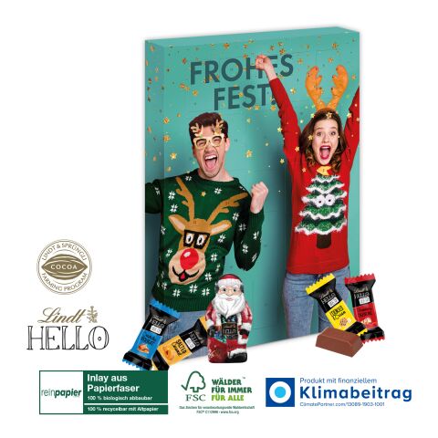 Adventskalender Lindt „HELLO“ Mini Stick Mix mit Santa, Inlay aus Papierfaser bunt | 4C Digital-/Offsetdruck